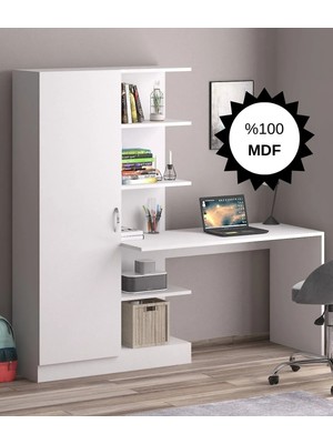 Bicabin MDF Narin Raflı Kitaplıklı Kapaklı Dolaplı Çalışma Masası - Beyaz (Dolap Sol)