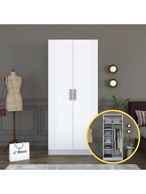 Rani BA225 Membran Kapaklı Gardırop 2 Kapaklı 5 Raflı Askılı Elbise Dolabı Beyaz