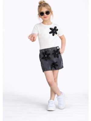 Bambam Kız Çocuk Siyah Çiçek Detaylı Kot Etek & Beyaz Fitilli Bluz Takım – Şık Yazlık Kombin 2527