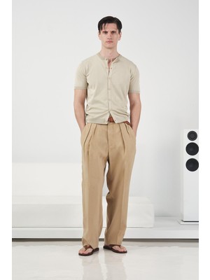 Giesto Çift Pilili Dökümlü Bej Modal Pantolon