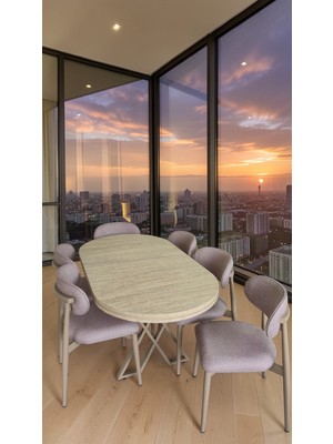 Fursimo Venüs Serisi Traverten Desenli Lak Panel Masa ve 6 Sandalyeli Yemek Masası Takımı