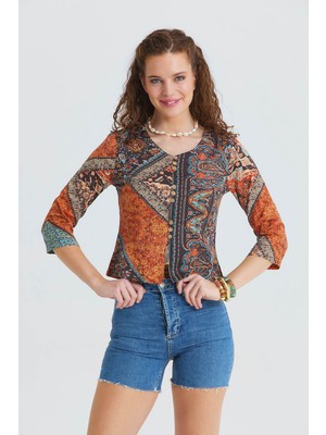 Los Banditos Bisiklet Yaka Yarım Kollu Düğme Detaylı Kışlık Bluz