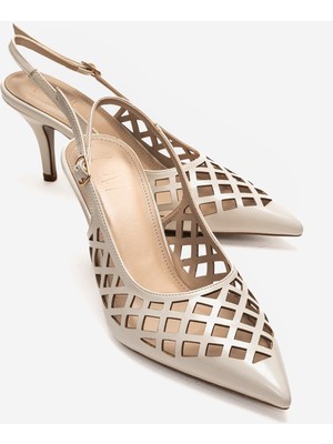 Luvi Jever Bej Cilt Lazer Kesim Sivri Burun Slingback Kadın Ince Topuklu Ayakkabı
