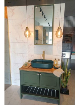 Adn Dizayn 90CM Retro Yeşil Banyo Dolabı Seti - Su Geçirmez Masif Tezgâhlı & Aynalı Dolaplı (Kurulu)