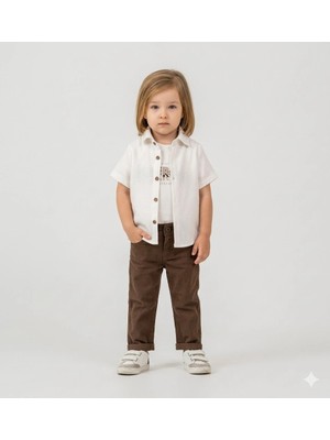 Bontino Erkek Çocuk Çorap Hediyeli 3'lü Takım; Gömlek %100 Pamuk Tişört Likralı Pantolon