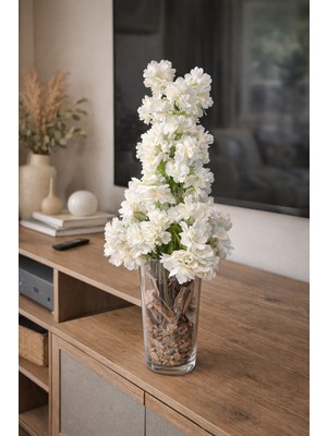 Decoroon Dekoratif Cam Vazo Yapay Çiçek Aranjmanı – El Yapımı Doğal Ağaç Kabuklu Salon Masa Üstü Vazo Dekoru (Farklı Model Seçenekli)