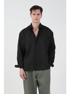 Giesto %100 Keten Oversıze Siyah Gömlek
