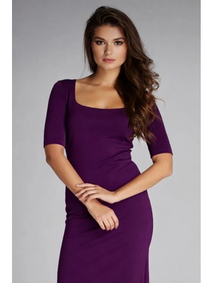 Laranor Mürdüm Balerin Yaka Kısa Kol Yırtmaçlı Kalem Şık Elbise Gündüz & Gece Şıklığı