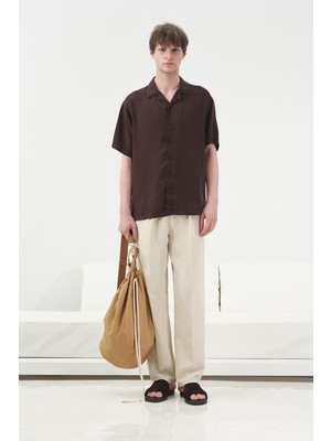 Giesto Kısa Kollu Klasik Kahverengi Tensel Gömlek