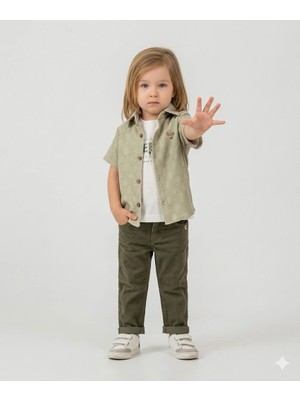 Bontino Erkek Çocuk Çorap Hediyeli 3'lü Takım; Gömlek %100 Pamuk Tişört Likralı Pantolon