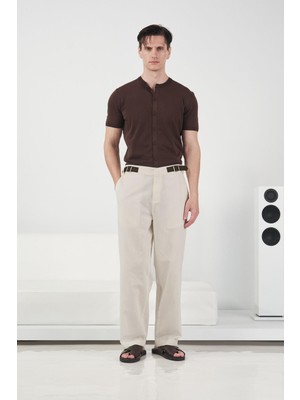 Giesto Yan Kemer Detaylı Bej Keten Pantolon