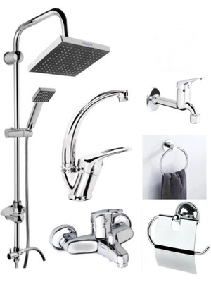 Moonshop Pro Seri 6'lı Duş Seti Duş Robotu Banyo Bataryası Lavabo Bataryası Havluluk Peçetelik Musluk