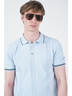 Giesto Gold Düğmeli Dokulu Polo Yaka Mavi Triko T-Shırt