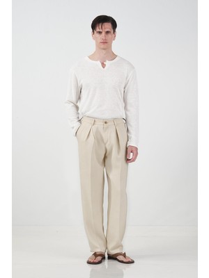 Giesto Dokulu Klasik Bej Pilili Pantolon