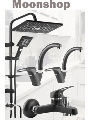 Moonshop Siyah Robot Tepe Yağmurlama Duş Başlığı 3lü Banyo Mutfak Batarya Takımı Hediyeli
