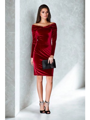 Laranor Kadın Bordo Madonna Yaka Yakada Burgu Detay Kadife Davet Elbisesi Abiye Elbise 24L7558