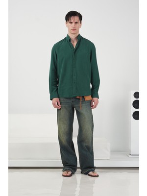 Giesto Dökümlü Regular Fıt Zümrüt Yeşil Tensel Gömlek