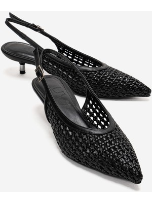 Luvi Orelıs Siyah Örgü Desenli Kadın Kısa Topuklu  Ayakkabı