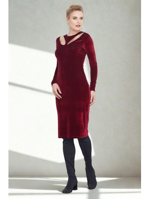 Laranor Kadın Bordo Yakada Damla Kesik Özel Tasarım Detay Kadife Kalem Davet Elbisesi Abiye Elbise 24L7560