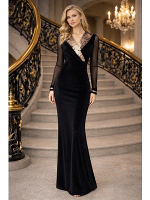 Siyah Pul Payetli Kruvaze Yaka Uzun Tül Kol (Laranor Golden Night) Kadife Abiye Elbise 25L8220