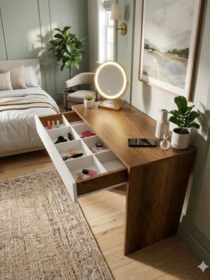 Bicabin Arya Novella Bölmeli Antrasit Organizer Çekmeceli Makyaj Masası -Barok/Beyaz