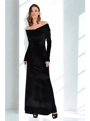 Laranor Kadın Siyah Madonna Yaka Uzun Kol Kadife Balık Abiye Davet Elbisesi 19L6712