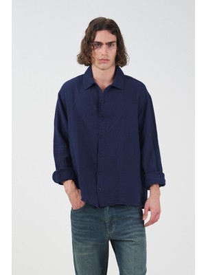 Giesto Dokulu Lacivert Müslin Gömlek