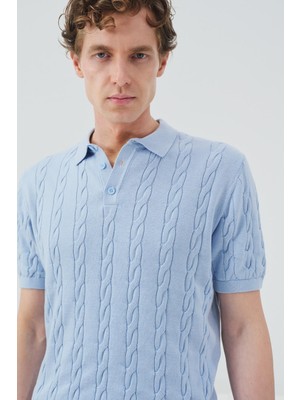 Giesto Dokulu Örgü Desenli Mavi Polo Yaka Triko T-Shırt