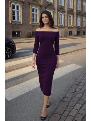 Laranor Mürdüm Madonna Yaka Yırtmaç Detay Scuba Krep Midi Elbise Gündüz Gece Şıklığı