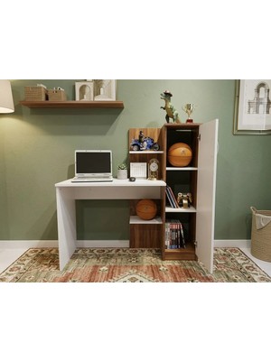 Bicabin Narin Trend Raflı Kitaplıklı Kapaklı Dolaplı Çalışma Masası -Atlantik Çam/Beyaz