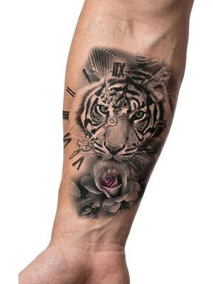 Dövme Kutusu Geçici Dövme | Kaplan ve Saat Tasarımı – Gücün ve Zamanın Simgesi