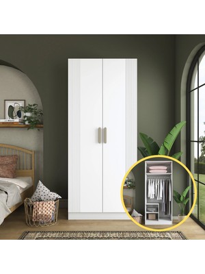 Rani BA228 Membran Kapaklı Gardırop 2 Kapaklı 2 Raflı Askılı Elbise Dolabı Beyaz