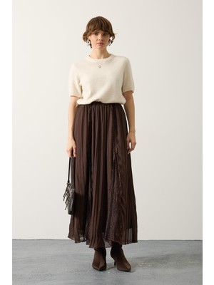 Reyon 37214 Beli Lastikli Dantel Detaylı Kadın Şifon Maxi Etek Kahve