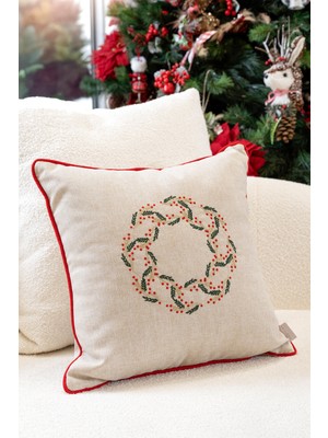 Koza Home Xmas Bej Nakşlı Biyeli Kırlent Kılıfı 45X45 2550