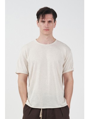 Giesto Dökümlü Ekru Keten Triko T-Shırt