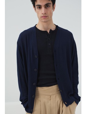 Giesto Hafif Ince Örgülü Lacivert Triko Hırka