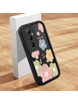 HONTINGA Realme C65 4g ile Uyumlu Kılıfı Düşüme Önleyici Basitlik Anti Düşme Kamera Korumali Şirin Kedi Siyah Çiçek Desen Yumuşak Silikon Telefon Kılıfı Kadın ve Erkek Için Uygundur K2-0260