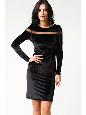 Laranor Kadın Siyah Şeffaf Tül Detaylı Kadife Elbise 16L5021