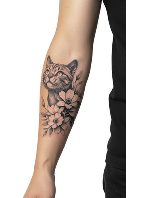 Dövme Kutusu Gerçekçi Kedi ve Çiçek Geçici Dövme | Siyah Beyaz Yavru Kedi Tasarımı Kol Bacak Dövmesi