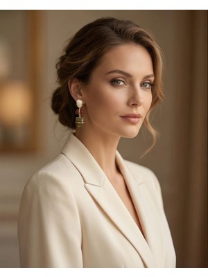 Uretti - Nerman 4053 2161 Vintage Kahverengi Yeşil Beyaz Taşlı Sallantılı Küpe