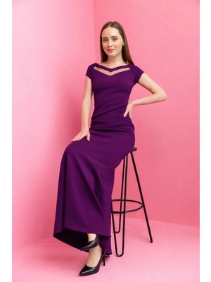 Laranor Mürdüm Yakada Tül Garni Detaylı Şık Abiye Balık Kesim Davet Elbisesi 15L4408