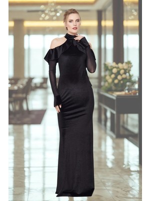 Laranor Kadın Siyah Omuz Dekolteli Kolda Tül Detaylı Volanlı Kadife Abiye Elbise Gündüz Gece Şıklığı 17L6131