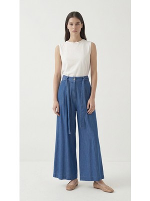 ALLDAY Açık Mavi-Kemerli Pileli Bol Paça Denim Pantolon