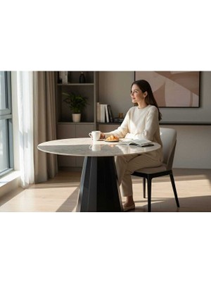 Vetrowood Defne Silves Yuvarlak Masa 110 cm Traverten Desen Modern Mutfak Yemek Masası