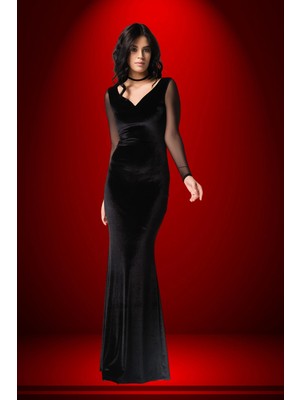 Laranor Kadın Siyah Kol Tül Detaylı Özel Tasarım Yaka Kadife Abiye Davet Elbise 16L4957