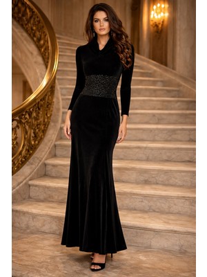 Laranor Kadın Siyah Pul Payetli Ayarlanabilir Fermuar Yaka Özel Tasarım Kadife Abiye Davet Elbise 15L4586