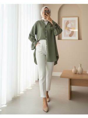 Modamorfo Kolu Bağcıklı Arkası Uzun Düğmeli Gömlek -Haki