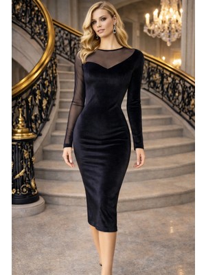 Siyah Dudak Yaka Tül Detaylı Kadife (Laranor Soft Elegance) Abiye Davet Mezuniyet Elbisesi 25L8223