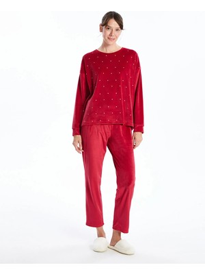 Lc Waikiki Yeni Sezon Bisiklet Yaka Baskılı Uzun Kollu Kadife Kadın Pijama Takımı