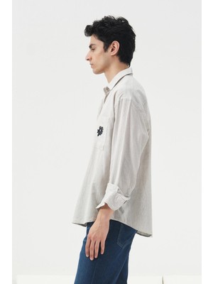 Giesto Nakış ve Cep Detaylı Çizgili Lacivert Keten Gömlek